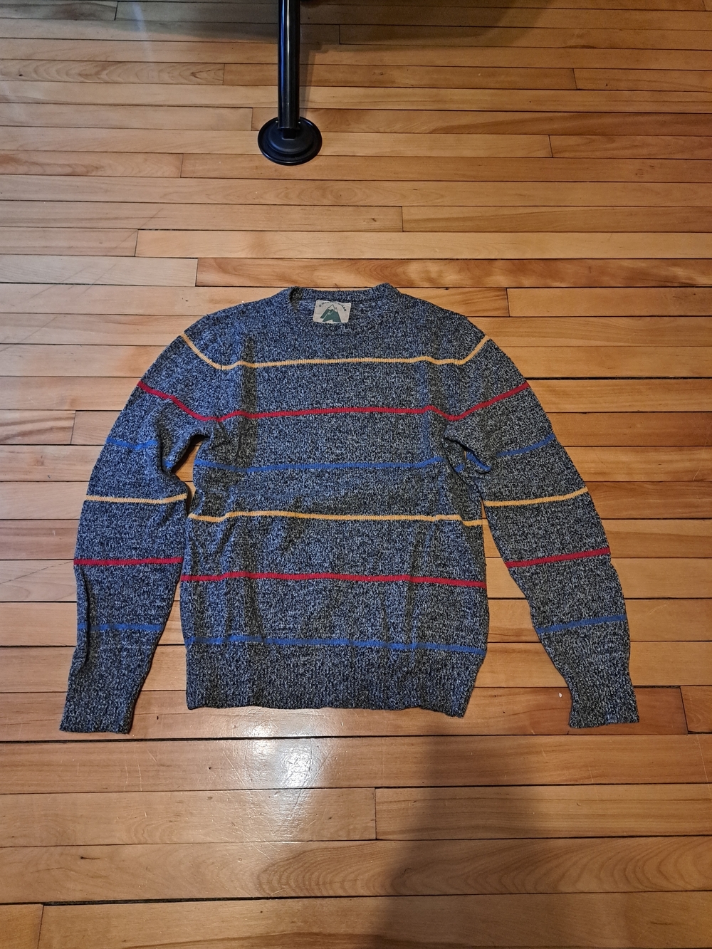 Men's Gray Striped Crewneck Sweater - Multi-Color Accent